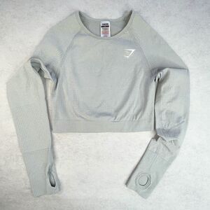 Gymshark Womens Shirt Gray Vital Crop Top Long Sleeve Workout Activewear Size M